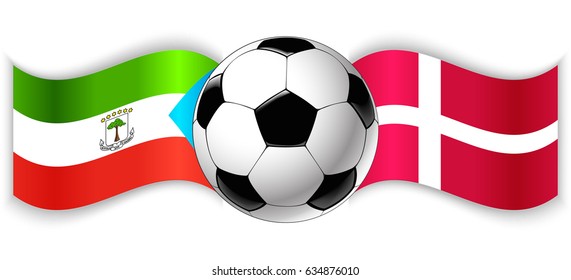 Equatorial Guinean and Danish wavy flags with football ball. Equatorial Guinea combined with Denmark isolated on white. Football match or international sport competition concept.