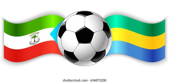 Equatorial Guinean and Gabonese wavy flags with football ball. Equatorial Guinea combined with Gabon isolated on white. Football match or international sport competition concept.
