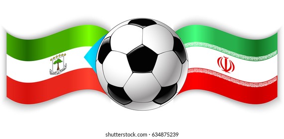 Equatorial Guinean and Iranian wavy flags with football ball. Equatorial Guinea combined with Iran isolated on white. Football match or international sport competition concept.