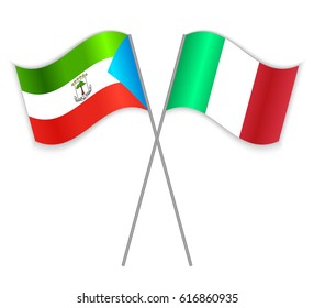 Equatorial Guinean and Italian crossed flags. Equatorial Guinea combined with Italy isolated on white. Language learning, international business or travel concept.
