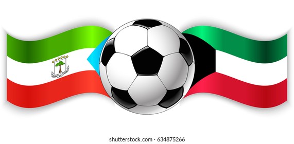 Equatorial Guinean and Kuwaiti wavy flags with football ball. Equatorial Guinea combined with Kuwait isolated on white. Football match or international sport competition concept.