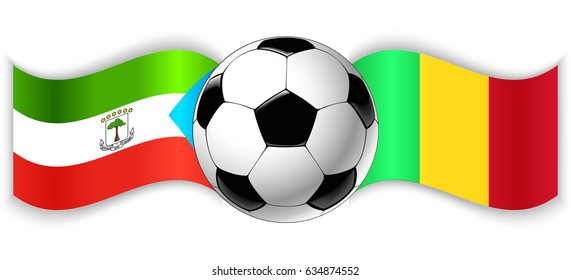 Equatorial Guinean and Malian wavy flags with football ball. Equatorial Guinea combined with Mali isolated on white. Football match or international sport competition concept.