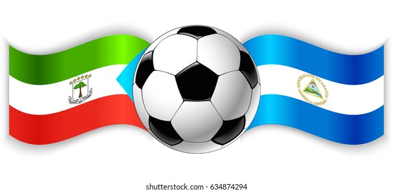 Equatorial Guinean and Nicaraguan wavy flags with football ball. Equatorial Guinea combined with Nicaragua isolated on white. Football match or international sport competition concept.