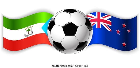 Equatorial Guinean and NZ wavy flags with football ball. Equatorial Guinea combined with New Zealand isolated on white. Football match or international sport competition concept.