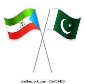 Equatorial Guinean and Pakistani crossed flags. Equatorial Guinea combined with Pakistan isolated on white. Language learning, international business or travel concept.