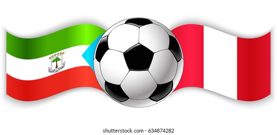 Equatorial Guinean and Peruvian wavy flags with football ball. Equatorial Guinea combined with Peru isolated on white. Football match or international sport competition concept.