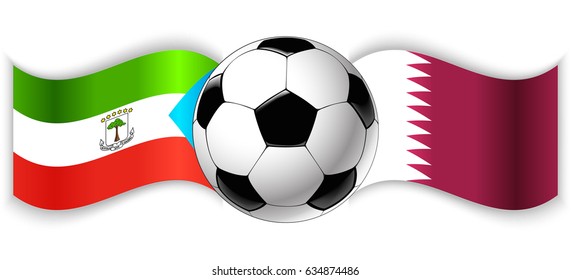 Equatorial Guinean and Qatari wavy flags with football ball. Equatorial Guinea combined with Qatar isolated on white. Football match or international sport competition concept.