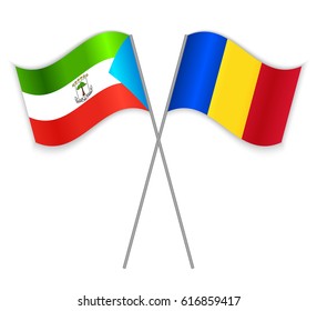 Equatorial Guinean and Romanian crossed flags. Equatorial Guinea combined with Romania isolated on white. Language learning, international business or travel concept.