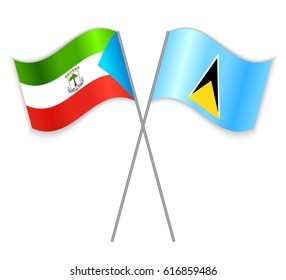 Equatorial Guinean and Saint Lucian crossed flags. Equatorial Guinea combined with Saint Lucia isolated on white. Language learning, international business or travel concept.