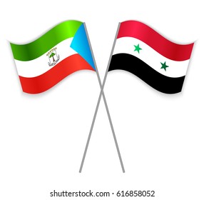 Equatorial Guinean and Syrian crossed flags. Equatorial Guinea combined with Syria isolated on white. Language learning, international business or travel concept.