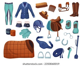 Equestrian accessories. Cartoon equestrian gear, horse riding sport equipment equestrianism jockey clothing, belt saddle stirrup bridle snaffle vector illustration of equestrian graphic equipment