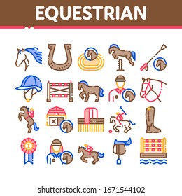 Iconos De Recogida De Animales Ecuestres Fijados Vector. Caballo Ecuestre Y Juego De Polo, Casco Y Zapato De Jinete, Herradura Y Barrera Concepción Pictogramas Lineales. Ilustraciones de color monocromas