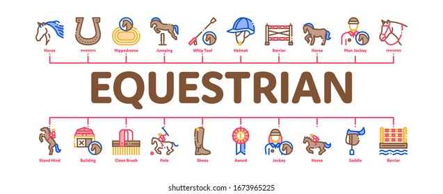 Equestrian Animal Minimal Infographic Web Banner Vector. Equestrian Horse And Polo Game, Rider Helmet And Shoe, Horseshoe And Barrier Illustrations