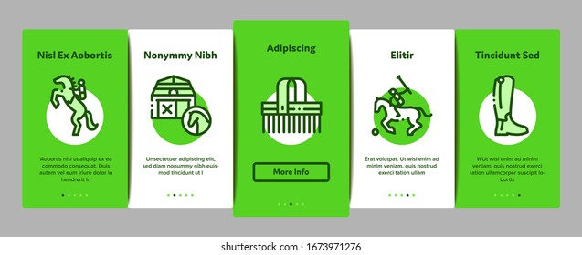 Equestrian Animal Onboarding Mobile App Page Screen Vector Equestrian Horse And Polo Game, Rider Helmet And Shoe, Horseshoe And Barrier Color Contour Illustrations