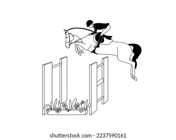 Equestrian athlete and horse make a giant leap over an obstacle, black and white vector