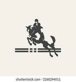 Equestrian athlete riding horse during show jumping competition,  black and white vector outline
