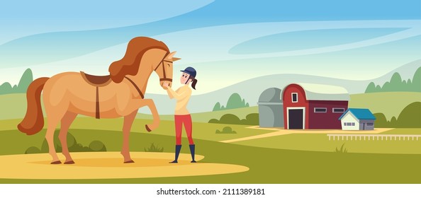 Equestrian background. Domestic horse and rides kids and parents equestrian training hall exact vector cartoon illustratiion