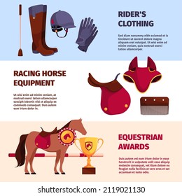 Equestrian banners. Tools for care sport equestrian horses garish vector horizontal templates for print design project with place for text