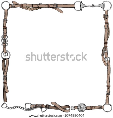 Equestrian belt frame. English fox hunting style. England tradition horse riding style isolated leather frame or border with bit, bridle, buckle and  riding tack tool. Hand drawing vector vintage art