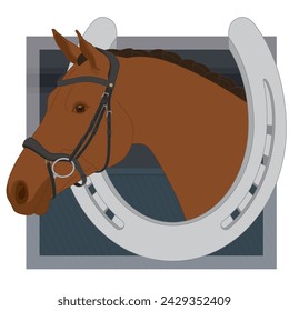 equestrian, brown horse framed by a silver horseshoe with a dark background