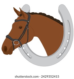 equestrian, brown horse framed by a silver horseshoe isolated on a white background