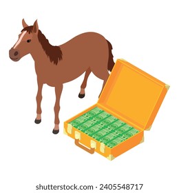 Equestrian business icon isometric vector. Racing horse near open money suitcase. Horseback riding, equestrian sport