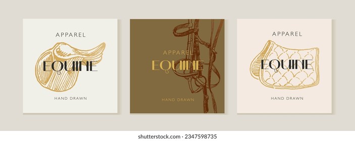 Equestrian card design, equestrian shop product, hand drawn horse tack and harness, horseback riding apparel, classical vintage style