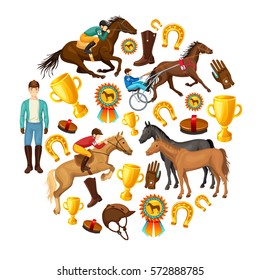 Equestrian cartoon round composition with jockey riding horse awards stallions horseshoe gloves cap boots isolated vector illustration