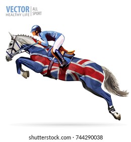 Equestrian champion sport theme: Jockey riding a jumping horse. Poster sport background. United Kingdom flag.