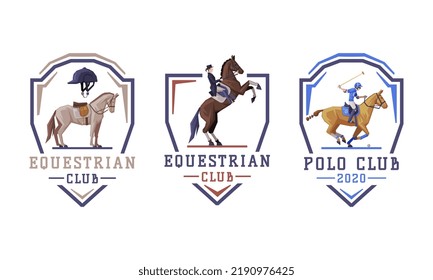 Equestrian Club Logo and Emblem with Jockey on Horseback Vector Set