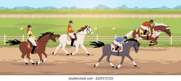 Competencias ecuestres. Carrera de caballos, torneo deportivo de hipódromo, jinetes profesionales con cascos en caballos de carreras, galope y salto, personajes aislados de dibujos animados, concepto de vector ordenado