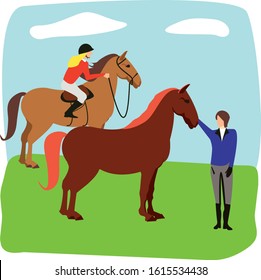 Equestrian, derby sport flat hand drawn color vector illustration. Stallion. Equestrianism. Racehorse hand drawn clipart. Horse racing competition.Professional jockeys, riders. Hippodrome, isolated