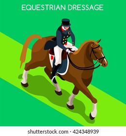 Equestrian Dressage Athletes Sportswoman Games. 3D Isometric Athlete. Sporting Championship People Set Competition. Sport Infographic Equestrian Dressage events Vector Illustration Background