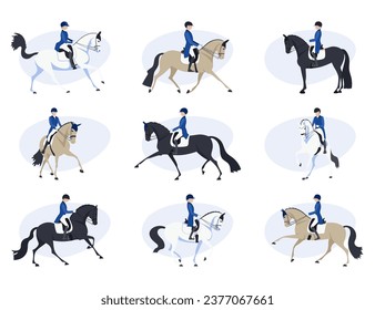 Equestrian dressage, riders on horseback perform different elements of the text, vector illustration