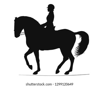 Equestrian, dressage. Silhouette of a rider and horse execute the piaffe.