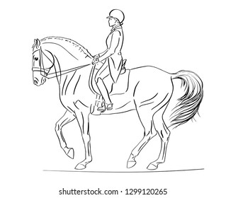 Equestrian, dressage. Sketch of a rider and horse execute the piaffe.