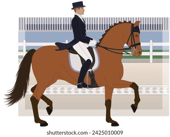 equestrian dressage, upper level horse with male rider in formal dress with arena in the background