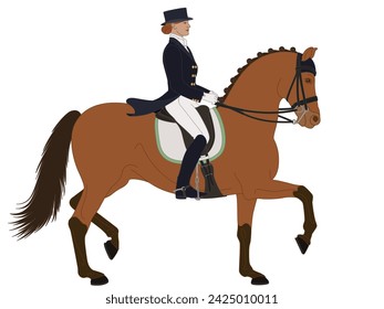 equestrian dressage, upper level horse with female rider in formal dress isolated on a white background