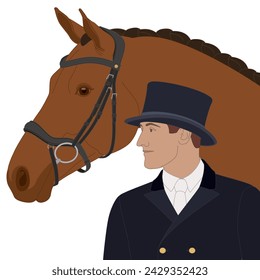 equestrian dressage, upper level horse and male rider wearing a top hat isolated on a white background