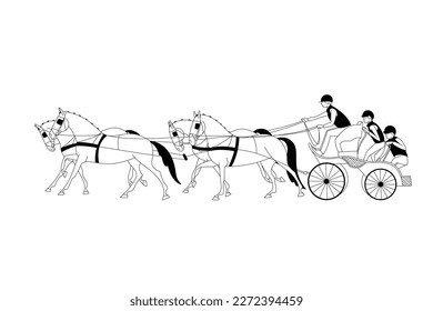 Equestrian driving, a team of four horses with a carriage, black and white illustration