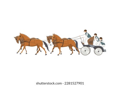 Equestrian driving, a team of four horses with a carriage, vector illustration