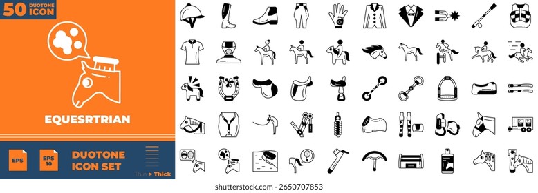 Equestrian Duotone Editable Icons set. Vector illustration in modern thin duotone style of equestrian icons: horse, euqatitation, stable, etc