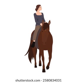 Equestrian Elegance. Woman rides a horse, enjoying the peaceful experience of horseback riding. Flat vector illustration isolated on white background