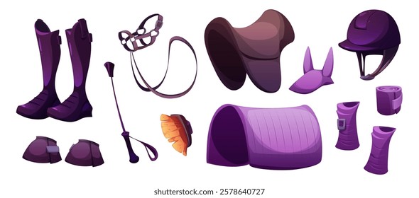 Equestrian equipment collection - purple riding boots, leather bridle, saddle pad, protective helmet, bandages, brush, knee guards, horse ear bonnet. Professional sport gear set for horseback training