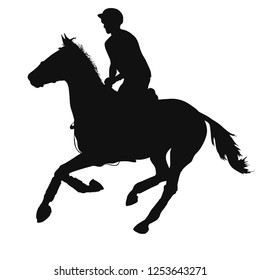 Equestrian event. Silhouette of a horseman cantering on a horse.