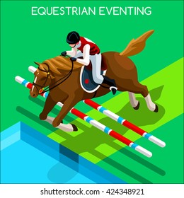 Equestrian Eventing Athletes Sportswoman Games. 3D Isometric Athlete. Sporting Championship People Set Competition. Sport Infographic Equestrian Eventing events Vector Illustration Background