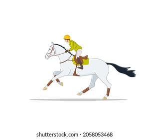 Equestrian eventing girl cantering horse. Hand drawn vector illustration.