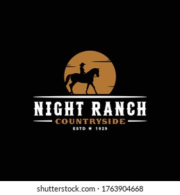 Equestrian Female Woman Cowboy Cowgirl Riding Horse Silhouette at Sunset Sun Moon logo design illustration	
