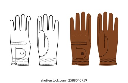 Equestrian Gloves Horse riding brown cartoon and flat mockup sketch Fashion hand accessory clothing technical illustration garment. Vector for Men, women, unisex style template CAD outline