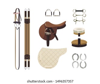 Equestrian grooming tools and horse back riding essentials, equipment set, horse riding gear and accessories